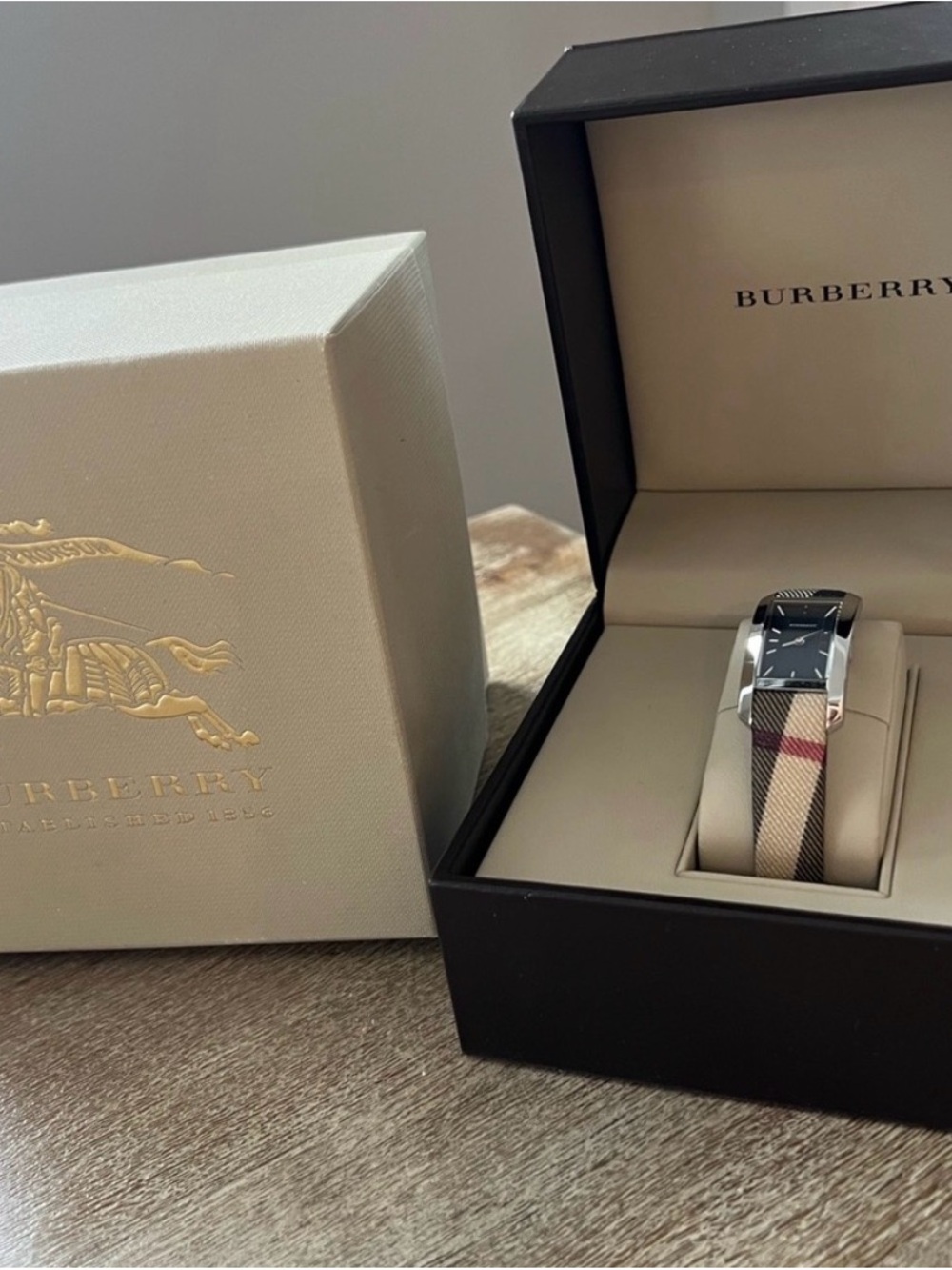 Burberry Plaid Strap Rectangular Watch in Beige, Black, Red